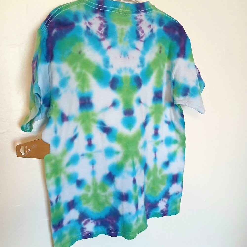 Tie Dye T-Shirt with Groovy Pattern in Indigo Green Blue Short Sleeve Kids Small - Picture 6 of 16